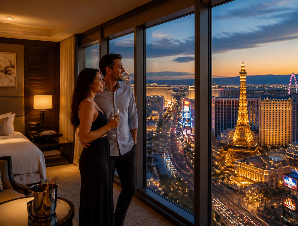 Couple enjoying a Las Vegas hotel suite with a view of the Strip